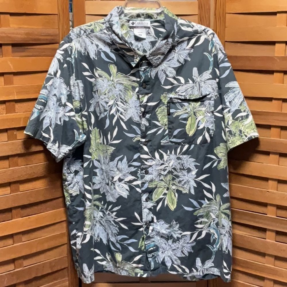 Columbia Casual Gray Green White Button Down Shirt Men 2X Cotton Floral Fish